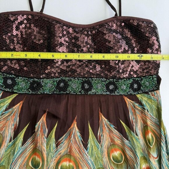 Boho Babydoll Festival Dress peacock feather pattern built-in bra sequins Small - Picture 8 of 8
